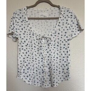 Aerie Baby Tee Floral Tie Front Top Womens Large Blue White Cottagecore Y2K